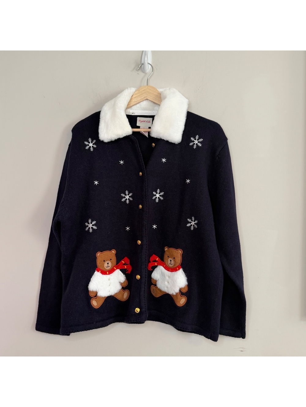 Vintage 90s Teddy Bear Snowflake Cardigan Faux Fur Collar Christmas Sweater